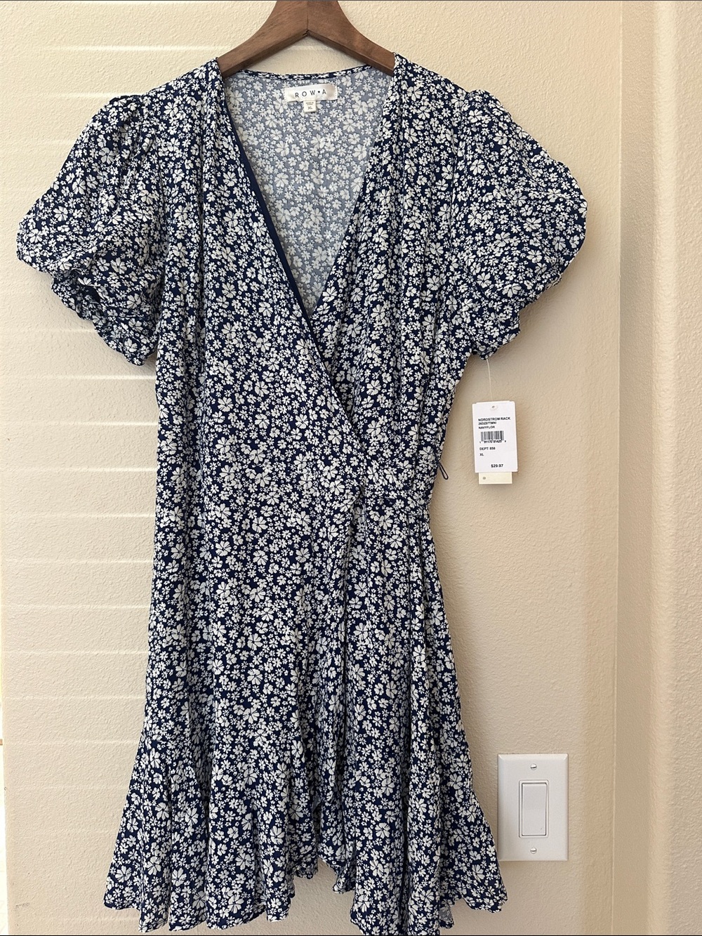 Rowan Navy Floral Wrap Dress with Puff Sleeves